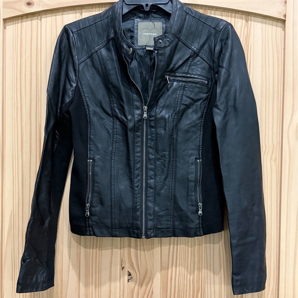Maurices Womens Black Faux Leather Moto Jacket Ribbed Knit Panels Size M